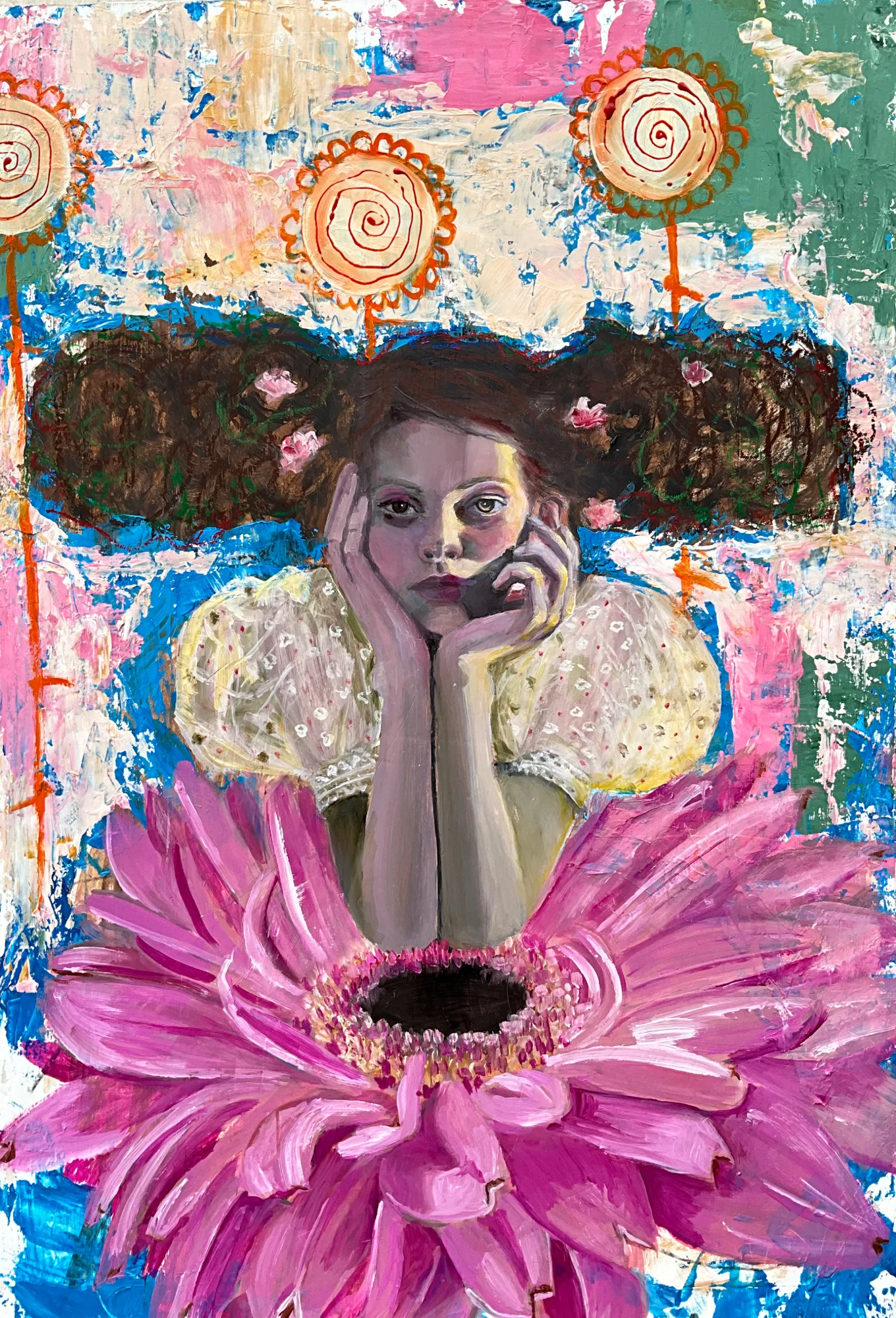 La ni&ntilde;a y la flor — Pintura original de Ana Camacho P&aacute;ez